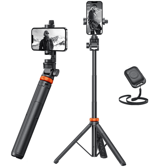 Trepied Foto Telescopic, Universal, pentru Telefon/Camera/GoPro, Bluetooth, Selfie Stick, Ajustabil, Negru/Portocaliu