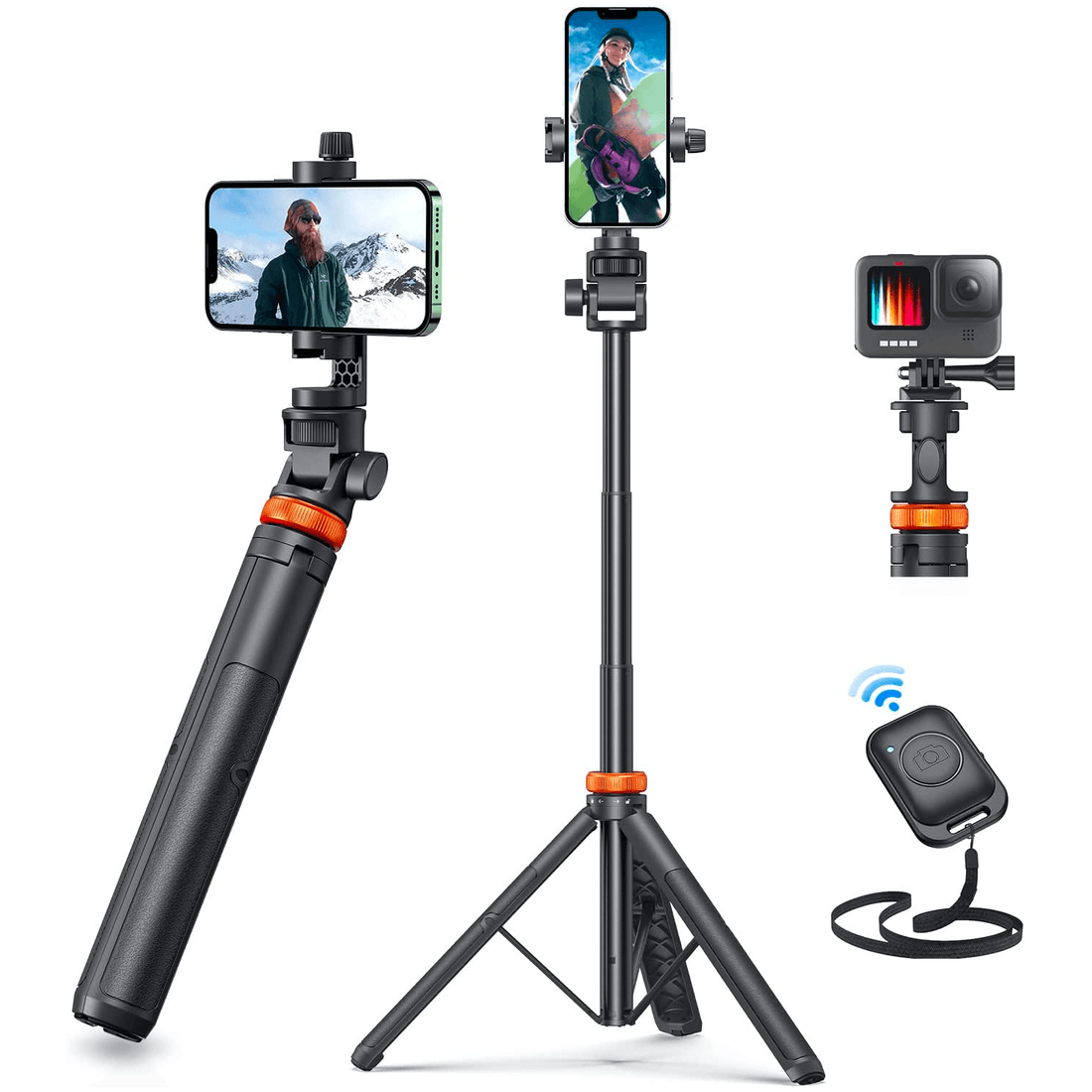 Trepied Foto Telescopic, Universal, pentru Telefon/Camera/GoPro, Bluetooth, Selfie Stick, Ajustabil, Negru/Portocaliu