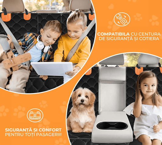 Husă scaun auto pentru animale, universală, impermeabilă, antialunecare, 137 cm, Negru/Portocaliu