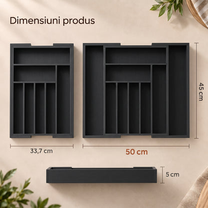 Organizator Elindor® pentru Tacamuri si Ustensile de Bucatarie, 9 Compartimente, Sertar Extensibil, Suport Ajustabil pentru Cutite, Linguri, Furculite, Accesorii Bucatarie, Separator Sertar, 33.7-50 x 45 x 5 cm, Negru