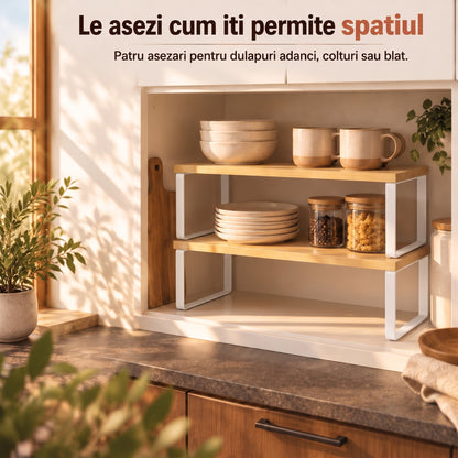 Set 2 Rafturi Elindor®, Raft de Depozitare, Mobila Bucatarie, Dormitor, Baie sau Birou, Etajera Practica cu Design Aerisit, Usor de Asamblat, Perfecta pentru Organizare Carti, Vesela, Condimente, Polita Produse Diverse, 40 x 18.5 x 13.5 cm, Alb / Bej