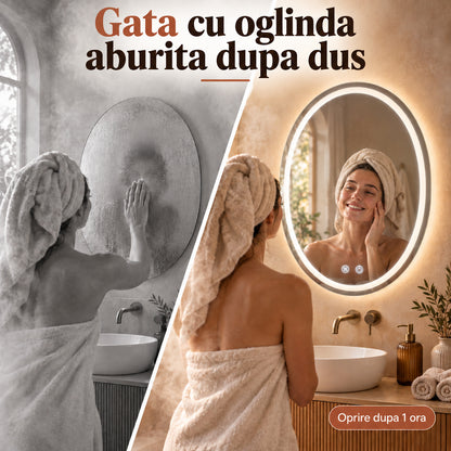 Oglinda de Perete Elindor® Antiaburire, Ovala, Montare pe Verticala, fara Rama, Ideala pentru Baie, Iluminare Led, Buton ON/OFF Luminat si Noaptea, Rezistenta la Umiditate IP44, 60 x 80 cm