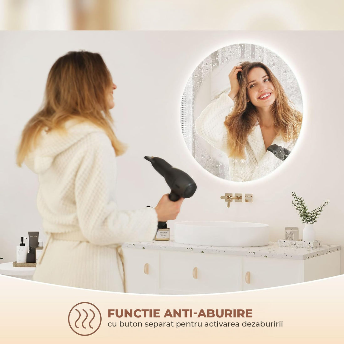 Oglinda de Perete Elindor® Rotunda, fara Rama, Decorativa, Eleganta, Ideala pentru Baie, Birou, Hol, Living, Dressing, Iluminare Led, Intensitate Ajustabila, Antiaburire, Temperatura de Culoare 6000K, 80 x 80 cm