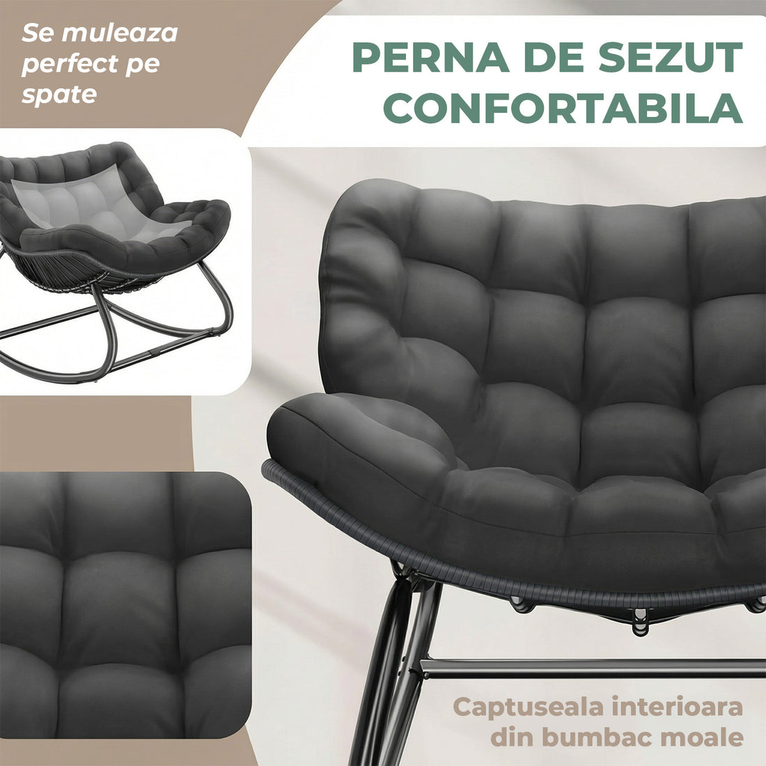 Fotoliu Balansoar Elindor® cu Spatar, Ergonomic, Cadru Solid din Otel, Suporta 120 kg, Ideal pentru Living, Dormitor, Exterior, Terasa, Negru