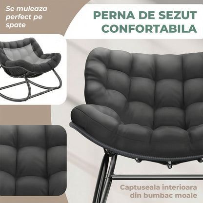 Fotoliu Balansoar Elindor® cu Spatar, Ergonomic, Cadru Solid din Otel, Suporta 120 kg, Ideal pentru Living, Dormitor, Exterior, Terasa, Negru