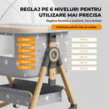 Patut Pliabil Bebelusi Elindo® 3 in 1, Copii 0-6 luni, Leagan Bebe pe 6 Nivele de Inaltime, Cos Depozitare, Portabil, Plasa Laterala, Roti cu Sistem Blocare, Saltea Integrata, Greutate Maxima 9-12 kg, Model cu Stele, Gri
