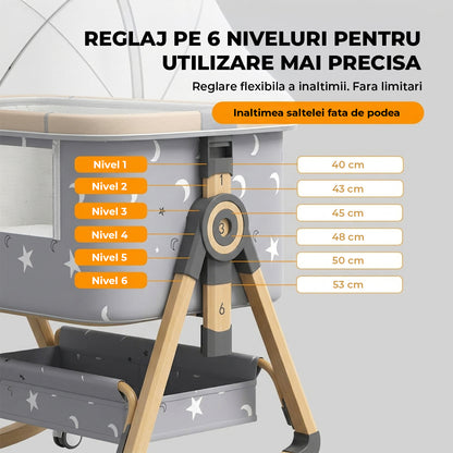Patut Pliabil Bebelusi Elindo® 3 in 1, Copii 0-6 luni, Leagan Bebe pe 6 Nivele de Inaltime, Cos Depozitare, Portabil, Plasa Laterala, Roti cu Sistem Blocare, Saltea Integrata, Greutate Maxima 9-12 kg, Model cu Stele, Gri