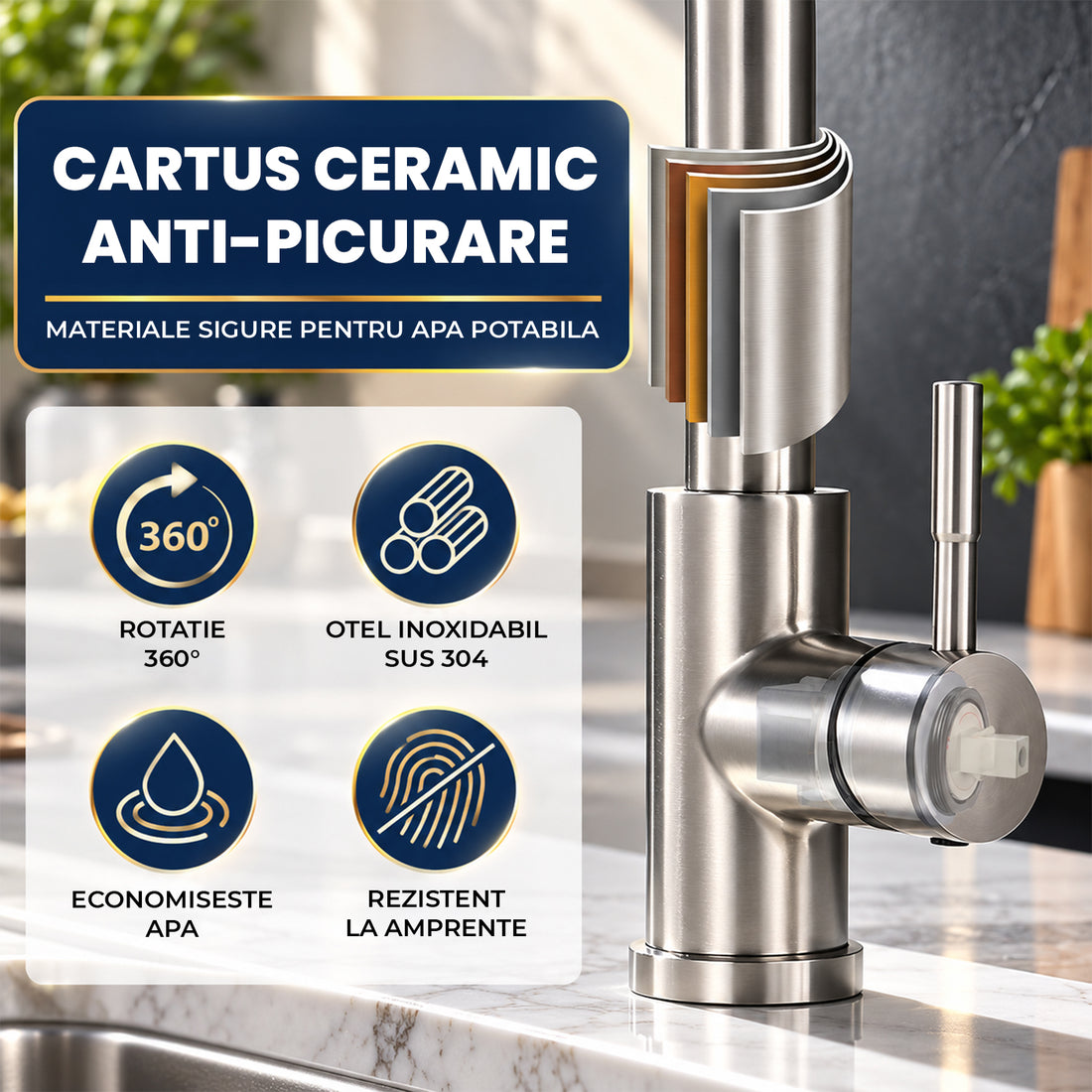 Baterie Chiuveta Baie Aurie Elindor® Robinet de Apa, Modern cu Pipa Extractibila, 4 Tipuri de Jet: Cascada, Delicat, Jet Puternic si Dus, Monocomanda, Rotativ 360°, pentru Bucatarie, Otel Inoxidabil SUS304, Finisaj Mat