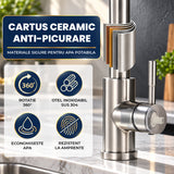 Baterie Chiuveta Baie Aurie Elindor® Robinet de Apa, Modern cu Pipa Extractibila, 4 Tipuri de Jet: Cascada, Delicat, Jet Puternic si Dus, Monocomanda, Rotativ 360°, pentru Bucatarie, Otel Inoxidabil SUS304, Finisaj Mat