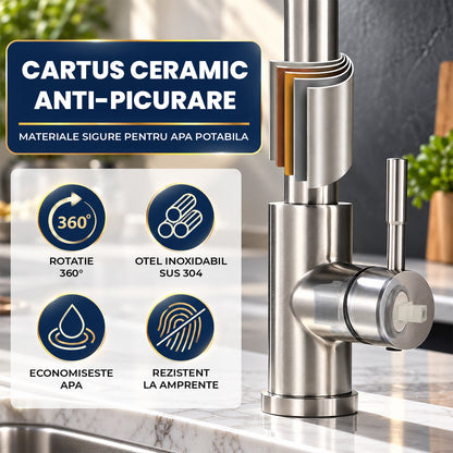 Baterie Chiuveta Baie Aurie Elindor® Robinet de Apa, Modern cu Pipa Extractibila, 4 Tipuri de Jet: Cascada, Delicat, Jet Puternic si Dus, Monocomanda, Rotativ 360°, pentru Bucatarie, Otel Inoxidabil SUS304, Finisaj Mat
