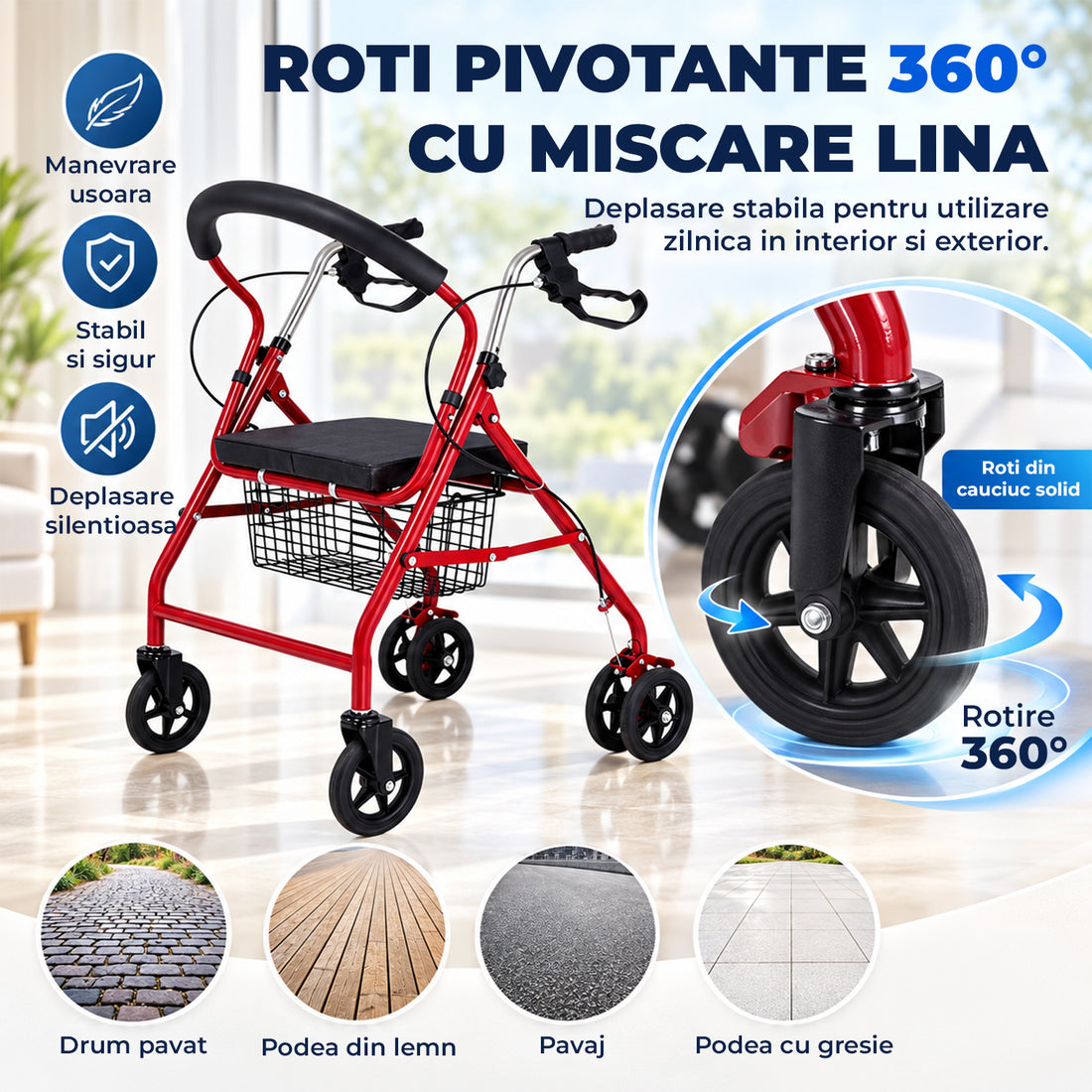 Cadru de Mers Elindor®, Pliabil, cu 4 Roti, Sezut Captusit, Spatar, Frane de Mana cu Blocare, Manere Reglabile pe 4 Niveluri, Cos Depozitare, pentru Persoanele cu Dificultati Locomotorii sau in Etate, Sarcina 120 kg, Rosu