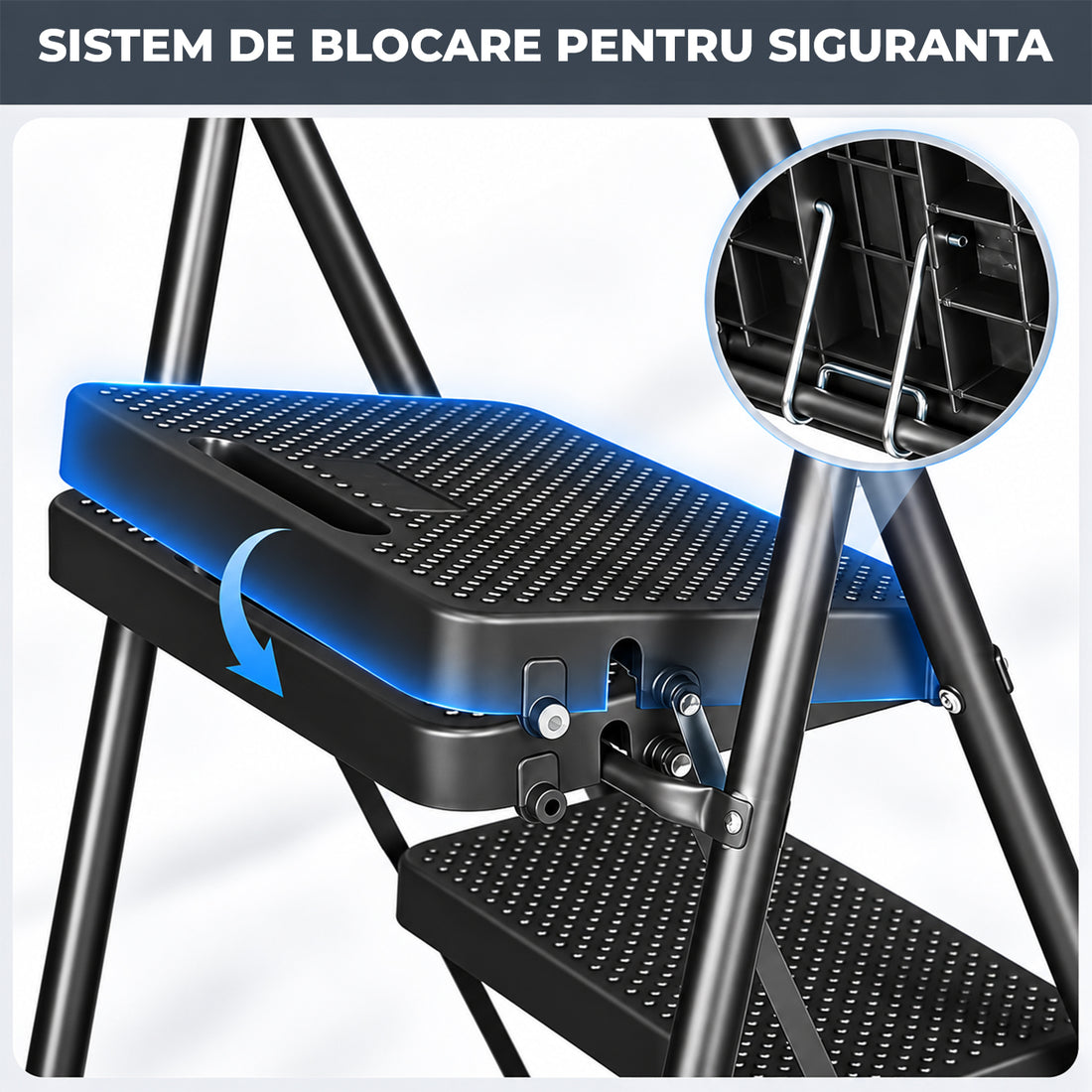 Scara Pliabila Metalica Elindor® cu 2 Trepte, Portabila, cu Pedale Late Antiderapante, Maner de Sprijin, Sistem de Blocare, Picioare Antialunecare, pentru Interior, Uz Casnic, Capacitate 150 kg, 46 x 45 x 80 cm, Negru