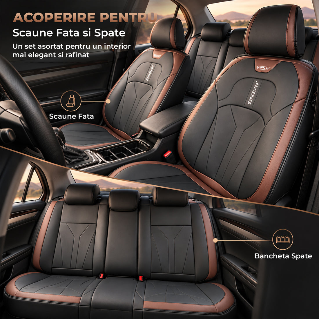 Set 5 Huse Scaune de Masina Elindor®, Huse Auto Piele, Impermeabile, Universale, Protectie Scaun Fata si Spate, Montaj Rapid, Accesorii Masina Interior, Negru / Maro