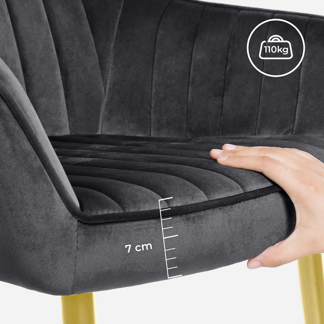 Set 2 Scaune Elindor® Ergonomice, Design Contemporan, Scaun cu Spatar si cu Manere, din Catifea cu Picioare Metalice Negre, Potrivite pentru Living, Bucatarie, Birou, Dormitor, 83 × 55.5 × 43 cm, Gri