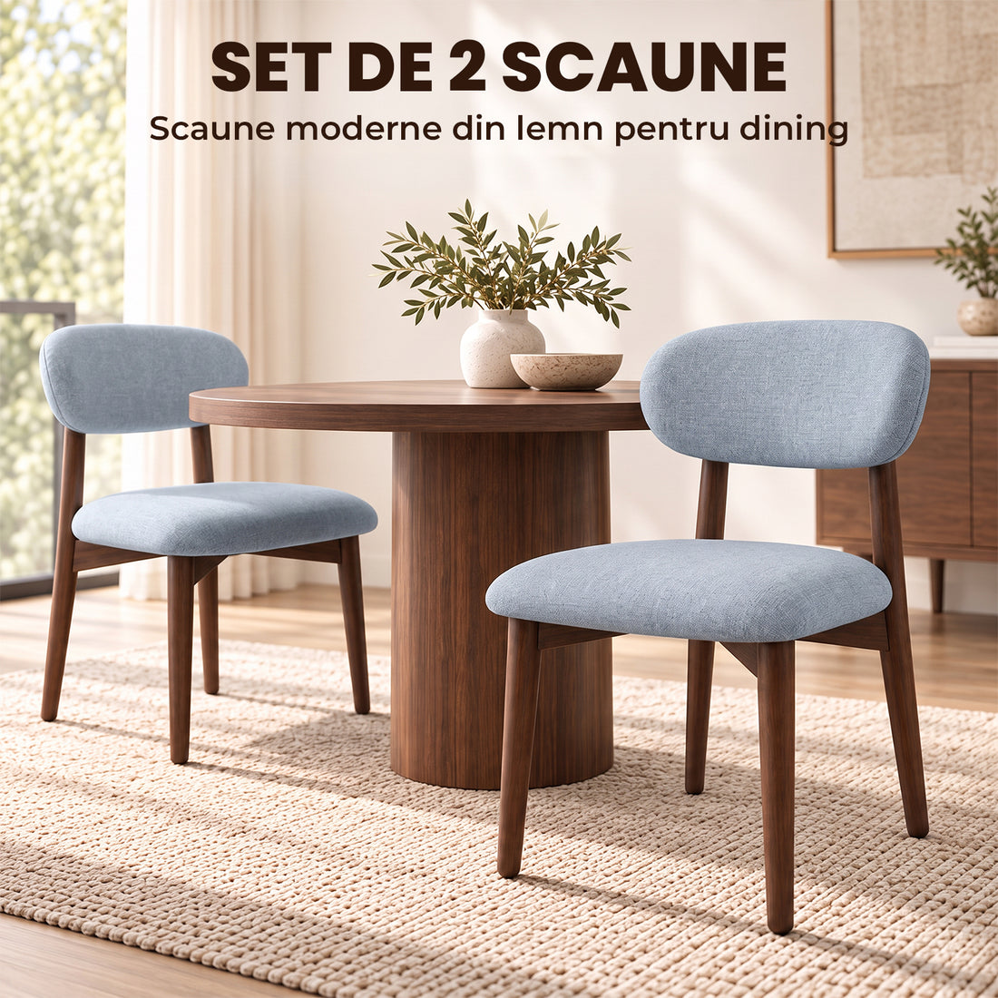 Set 2 Scaune Elindor® Ergonomice, Design Contemporan, Scaun cu Spatar si fara Manere, din Bumbac si In cu Picioare Maro Inchis, Potrivite pentru Living, Bucatarie, Birou, Dormitor, Gri Albastrui