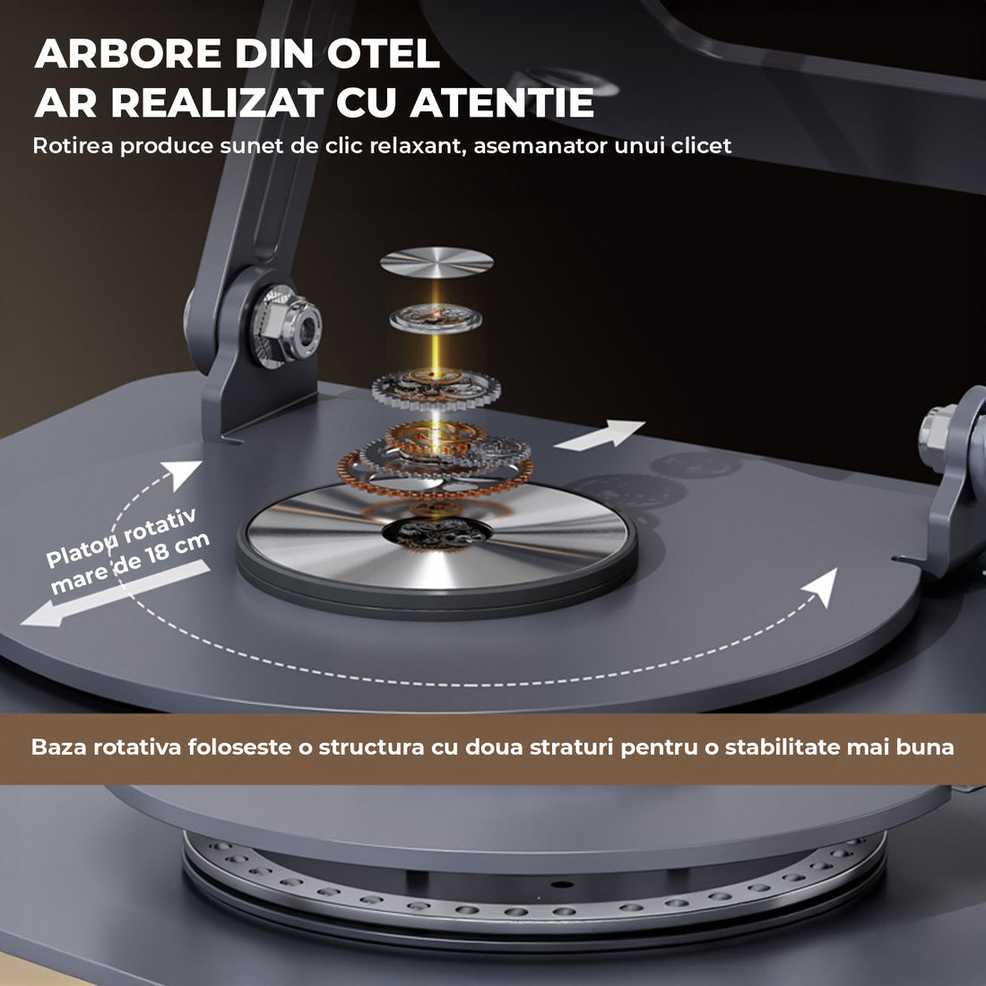 Suport Laptop si Tableta Elindor®, Masa Ergonomica Reglabila si Portabila, Stand Universal cu Baza Rotativa 360°, Antiderapanta, Compatibil 10–15.5 Inch, Ideal pentru Birou, Acasa si Calatorii, Gri