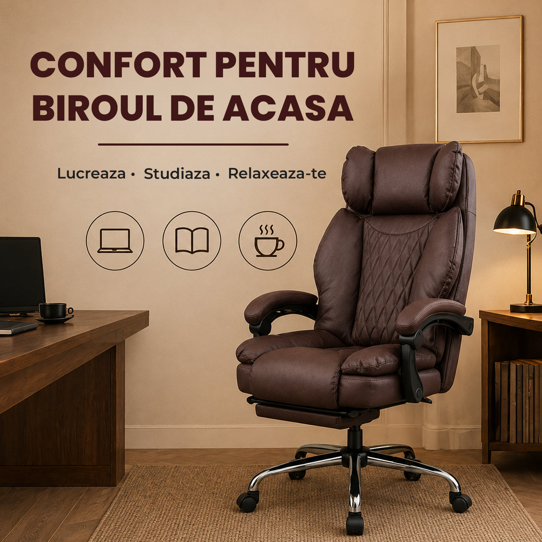 Scaun de Birou Elindor® Ergonomic, Design Contemporan, Scaun cu Spatar si Manere, din Piele PU cu Suport pentru Picioare si Lombar, cu Roti, Inaltime Reglabila 119 - 126.5 cm, Maro Inchis