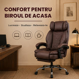 Scaun de Birou Elindor® Ergonomic, Design Contemporan, Scaun cu Spatar si Manere, din Piele PU cu Suport pentru Picioare si Lombar, cu Roti, Inaltime Reglabila 119 - 126.5 cm, Maro Inchis