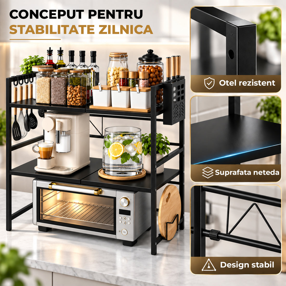 Raft Extensibil Elindor® pe 2 Niveluri, din Otel Carbon, pentru Bucatarie, Organizator Metalic Reglabil, Ideal ca Etajera Depozitare in Camara, Perfect pentru Condimente, Polita Vesela, Farfurii, 40-64 x 36 x 79 cm, Negru