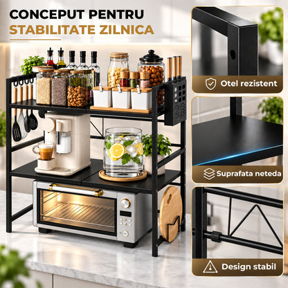 Raft Extensibil Elindor® pe 2 Niveluri, din Otel Carbon, pentru Bucatarie, Organizator Metalic Reglabil, Ideal ca Etajera Depozitare in Camara, Perfect pentru Condimente, Polita Vesela, Farfurii, 40-64 x 36 x 79 cm, Negru