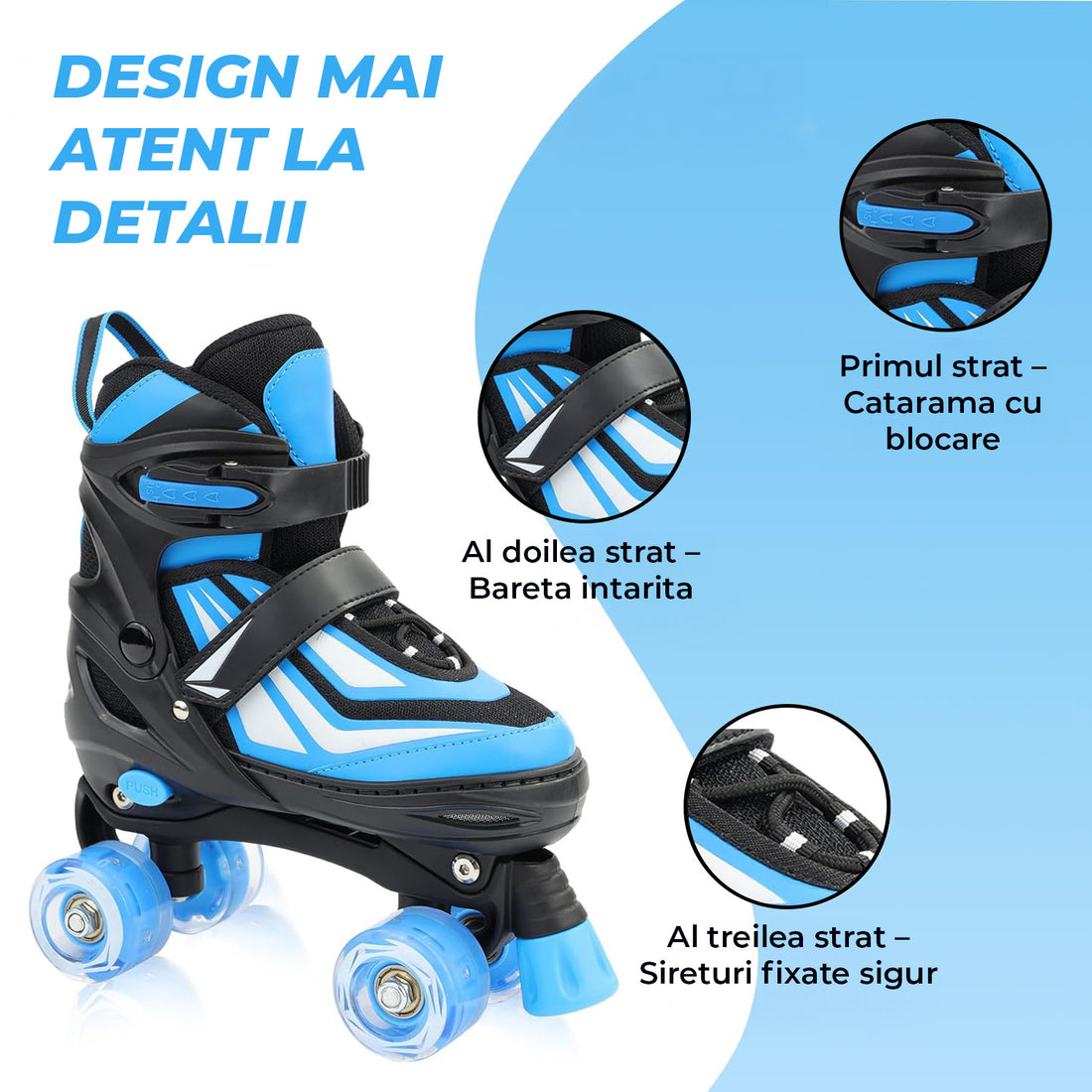 Role Reglabile Elindor® pentru Copii, Fete si Baieti, 4 Roti cu Lumini Quad, Rotile Ajutatoare, Rulmenti ABEC-7, Aluminiu / Poliuretan, Marimea S, 27-30, Model Uni, Negru / Albastru