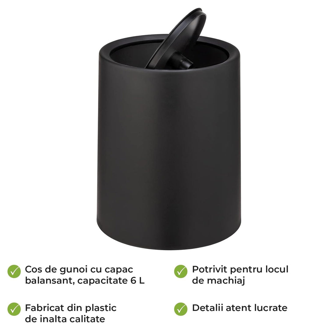 Cos de Gunoi Cosmetic Elindor® cu Capac Tip Swing si Recipient Interior, Capacitate 6L, Galeata Detasabila, Multifunctional, Ideal in Bucatarie, Baie, Birou, Camara, Living, Dormitor, Potrivit pentru Colectare Selectiva, 25.5 × 21 cm, Negru