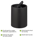 Cos de Gunoi Cosmetic Elindor® cu Capac Tip Swing si Recipient Interior, Capacitate 6L, Galeata Detasabila, Multifunctional, Ideal in Bucatarie, Baie, Birou, Camara, Living, Dormitor, Potrivit pentru Colectare Selectiva, 25.5 × 21 cm, Negru