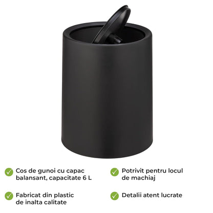 Cos de Gunoi Cosmetic Elindor® cu Capac Tip Swing si Recipient Interior, Capacitate 6L, Galeata Detasabila, Multifunctional, Ideal in Bucatarie, Baie, Birou, Camara, Living, Dormitor, Potrivit pentru Colectare Selectiva, 25.5 × 21 cm, Negru