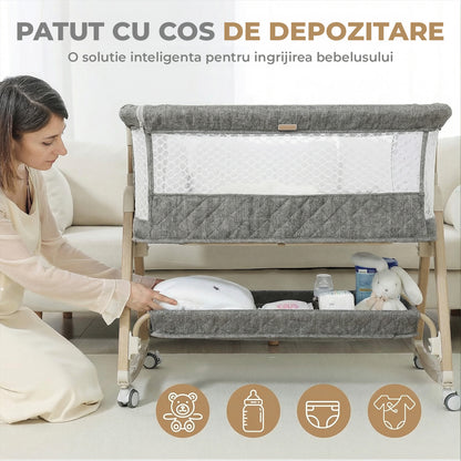 Patut Pliabil Bebelusi Elindor® 3 in 1, Copii 0-12 luni, Leagan Bebe, 6 Trepte de Inaltime Reglabila, Portabil, Plasa Laterala, Roti cu Sistem Blocare, Greutate Maxima 10 kg, Gri