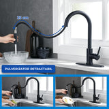 Baterie Chiuveta Bucatarie Neagra Elindor® Robinet de Apa, Modern cu Pipa Flexibila, Jet Reglabil, Cap Dus Extractabil cu Doua Functii, Monocomanda, Rotativ 360°, pentru Bucatarie, Otel Inoxidabil si Alama, Finisaj Mat