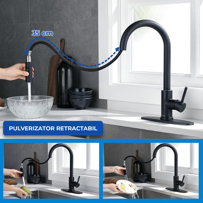 Baterie Chiuveta Bucatarie Neagra Elindor® Robinet de Apa, Modern cu Pipa Flexibila, Jet Reglabil, Cap Dus Extractabil cu Doua Functii, Monocomanda, Rotativ 360°, pentru Bucatarie, Otel Inoxidabil si Alama, Finisaj Mat