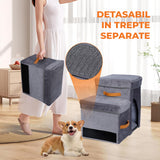 Scari Animale Elindor®, 3 Trepte pentru Caini si Pisici cu Spatiu Depozitare, Trepte Antiderapante pentru Pat sau Canapea, Structura din Placa de Inalta Densitate si Material Textil, pentru Dormitor, Living, 78 x 45 x 34 cm, Gri