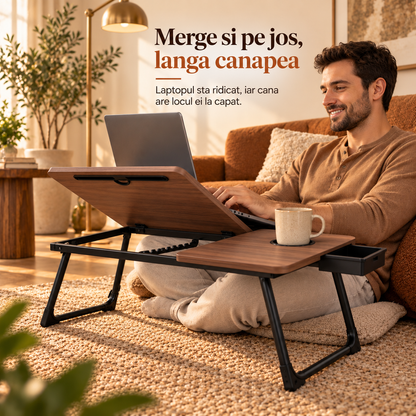 Masa Pliabila pentru Laptop Elindor® cu Suport Pahar, Antiderapanta, Unghiuri de Inclinare, Usor de Depozitat, Birou Portabil Utilizare in Orice Loc, Ideala la Munca sau Mic Dejun la Pat, Maro / Negru