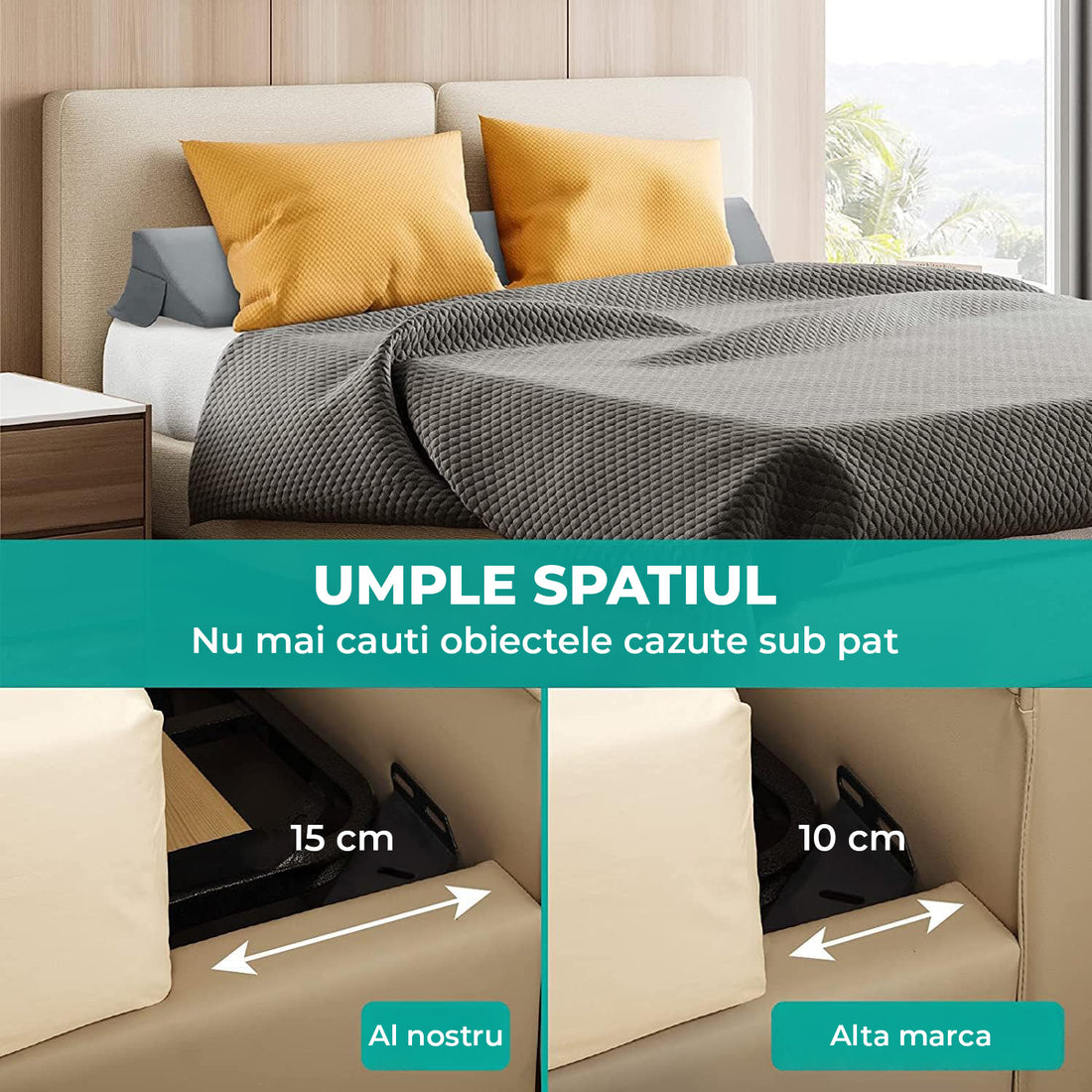 Perna Ortopedica Triunghiulara Elindor® pentru Pat, Perna din Spuma Densa, Suport Spate, Cap, Post-Operator, Anti-Reflux, Antisforait, Antirid, Husa Detasabila cu Fermoar, 96 x 25 x 15 cm, Gri