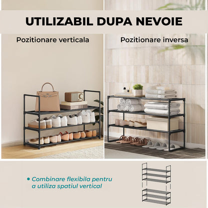 Organizator pentru Pantofi Elindor® Pantofar cu 3 Nivele Mari, Fara Gauri, Suport Metalic pentru Papuci, Dulap Hol, Dormitor, Economisire Spatiu, Depozitare Incaltaminte, 30 × 92 × 55 cm, Negru