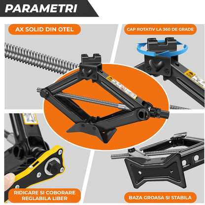 Cric Auto Trapezoidal Elindor® pentru Ridicarea Masinii, Greutate Maxima Suportata 2 Tone, Ideal pentru Vehicule Tip Autovehicul, Motocicleta, ATV, Camion, Utilaj Agricol, 41.5 × 9 × 10 cm, Negru