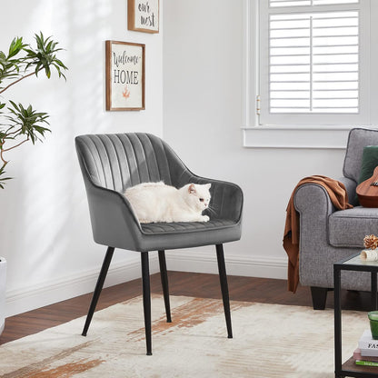 Set 2 Scaune Elindor® Ergonomice, Design Contemporan, Scaun cu Spatar si cu Manere, din Catifea cu Picioare Metalice Negre, Potrivite pentru Living, Bucatarie, Birou, Dormitor, 90x60x45 cm, Gri