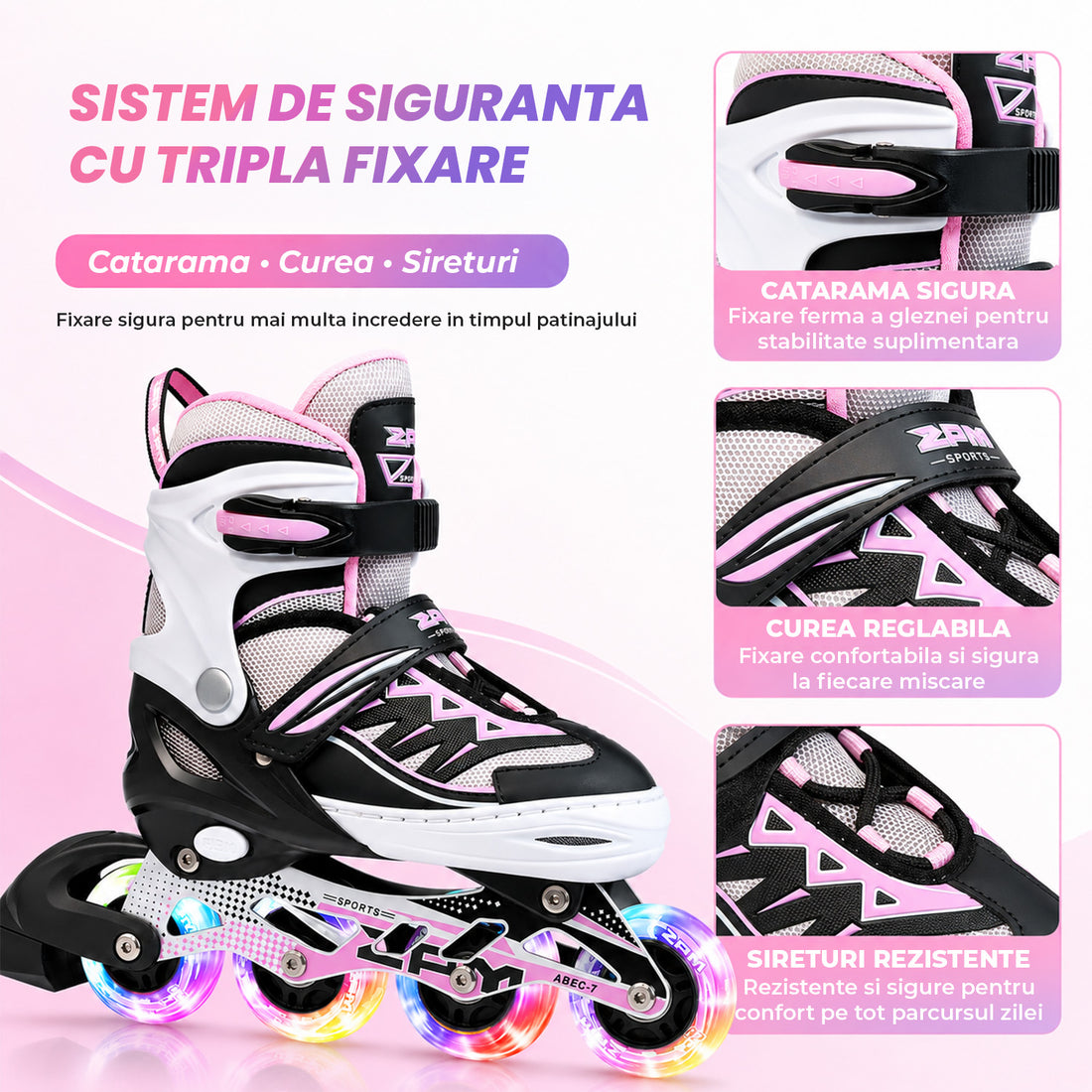 Role Reglabile Elindor® pentru Copii si Adulti, 4 Roti Luminoase din Silicon in Linie, Rulmenti ABEC-7, Frana Spate, Aluminiu / Poliuretan, Patine cu Rotile pentru Fete, Baieti, Dama, PM01 Marimea S, 28-31, Alb / Roz