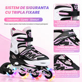 Role Reglabile Elindor® pentru Copii si Adulti, 4 Roti Luminoase din Silicon in Linie, Rulmenti ABEC-7, Frana Spate, Aluminiu / Poliuretan, Patine cu Rotile pentru Fete, Baieti, Dama, PM01 Marimea S, 28-31, Alb / Roz