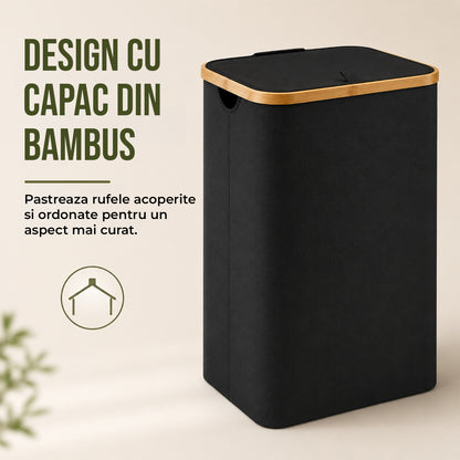 Cos de Rufe Elindor® Pliabil si Impermeabil, Lavabil, Cadru din Bambus, cu Capac si Sac de Haine Murdare Detasabil, Recipient Sortare Dreptunghiular de 100 L, Ideal pentru Baie Casa sau Hotel, 74 x 41 x 33 cm, Material Textil, Negru