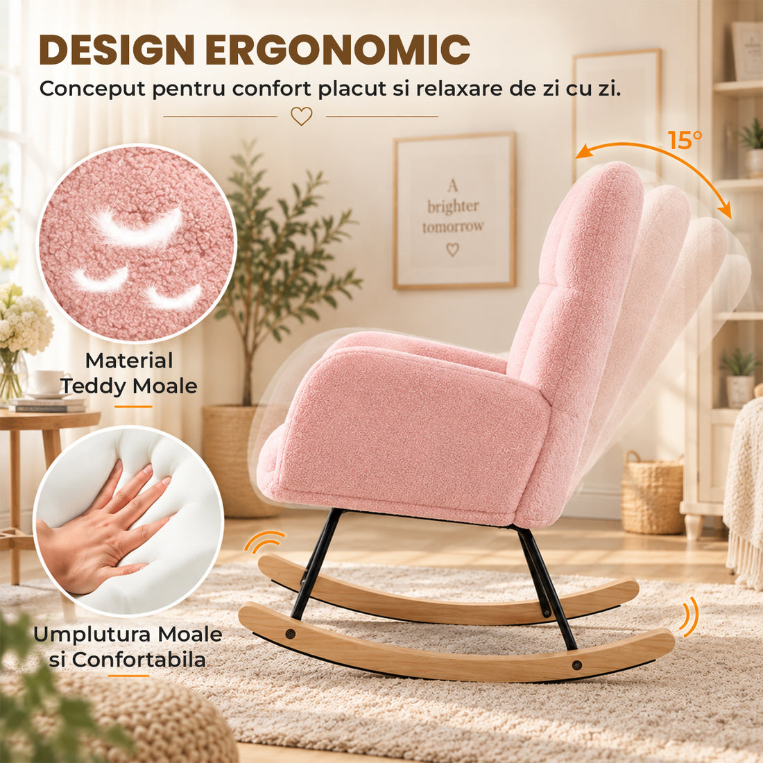 Fotoliu Balansoar Elindor® cu Spatar, Ergonomic, Cadru Solid din Otel, Ideal pentru Living, Dormitor, Camera Copilului, 68 x 88 x 93 cm, Roz