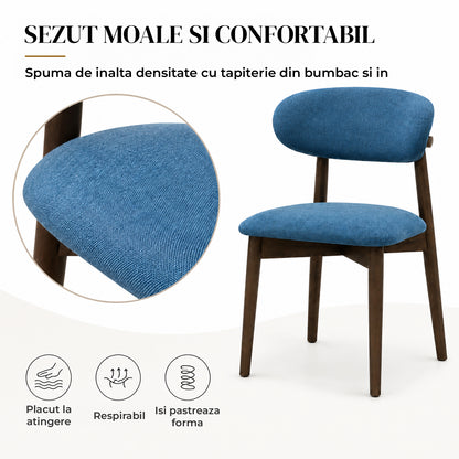 Set 2 Scaune Elindor® Ergonomice, Design Contemporan, Scaun cu Spatar si fara Manere, din Bumbac si In cu Picioare Maro Inchis, Potrivite pentru Living, Bucatarie, Birou, Dormitor, Albastru Inchis