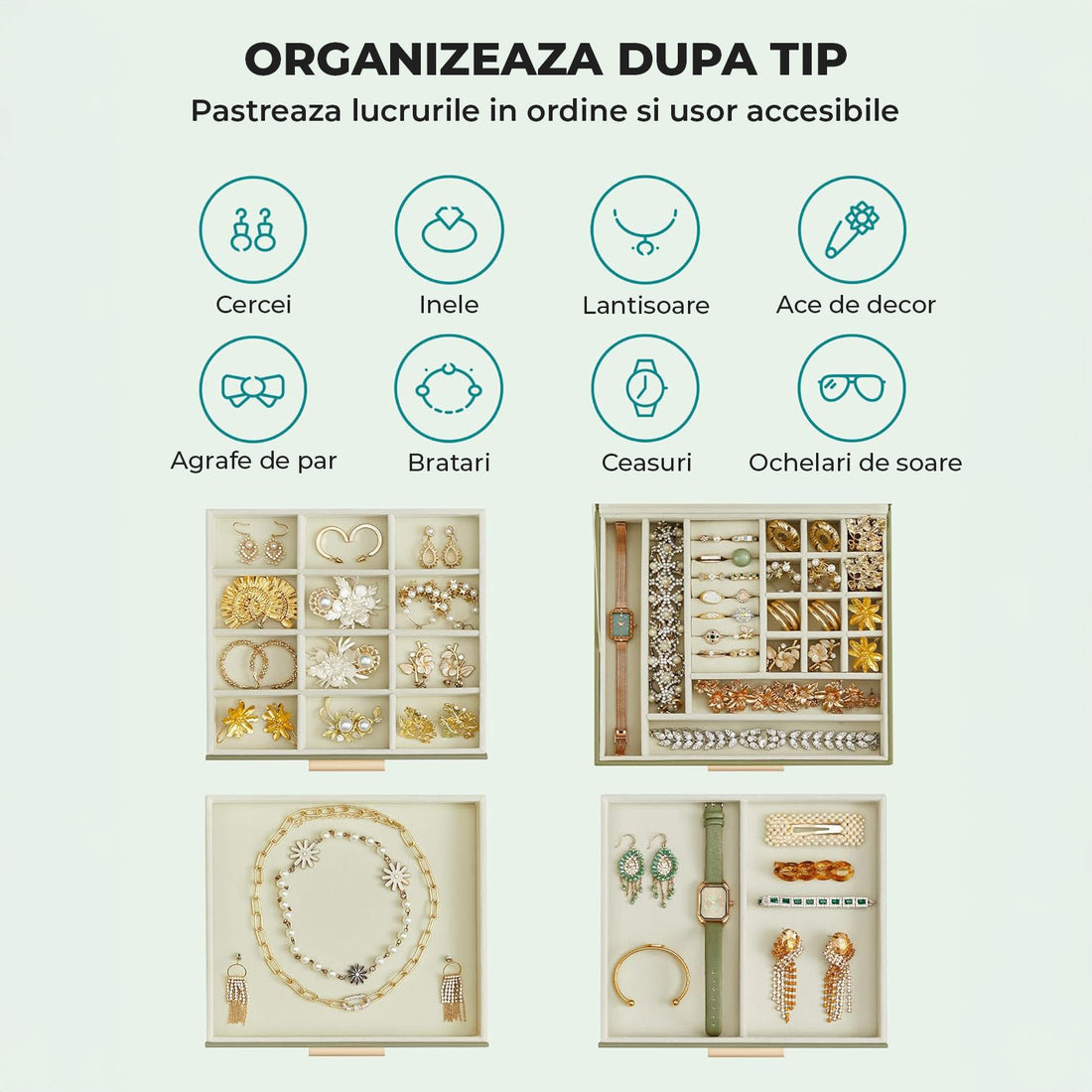 Cutie de Bijuterii Elindor® cu Capac, Organizator 4 Niveluri, 3x Sertar, Spatiu Depozitare Inel, Verighete, Lantisoare, Bratari, Cercei, Caseta din Material Catifelat, Rafinat, Simplu si Elegant, Piele Ecologica, 23×20x16.5 cm, Verde Masliniu