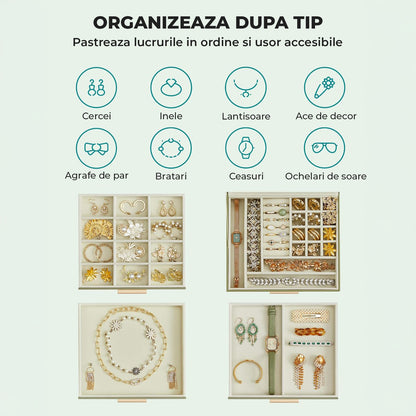 Cutie de Bijuterii Elindor® cu Capac, Organizator 4 Niveluri, 3x Sertar, Spatiu Depozitare Inel, Verighete, Lantisoare, Bratari, Cercei, Caseta din Material Catifelat, Rafinat, Simplu si Elegant, Piele Ecologica, 23×20x16.5 cm, Verde Masliniu