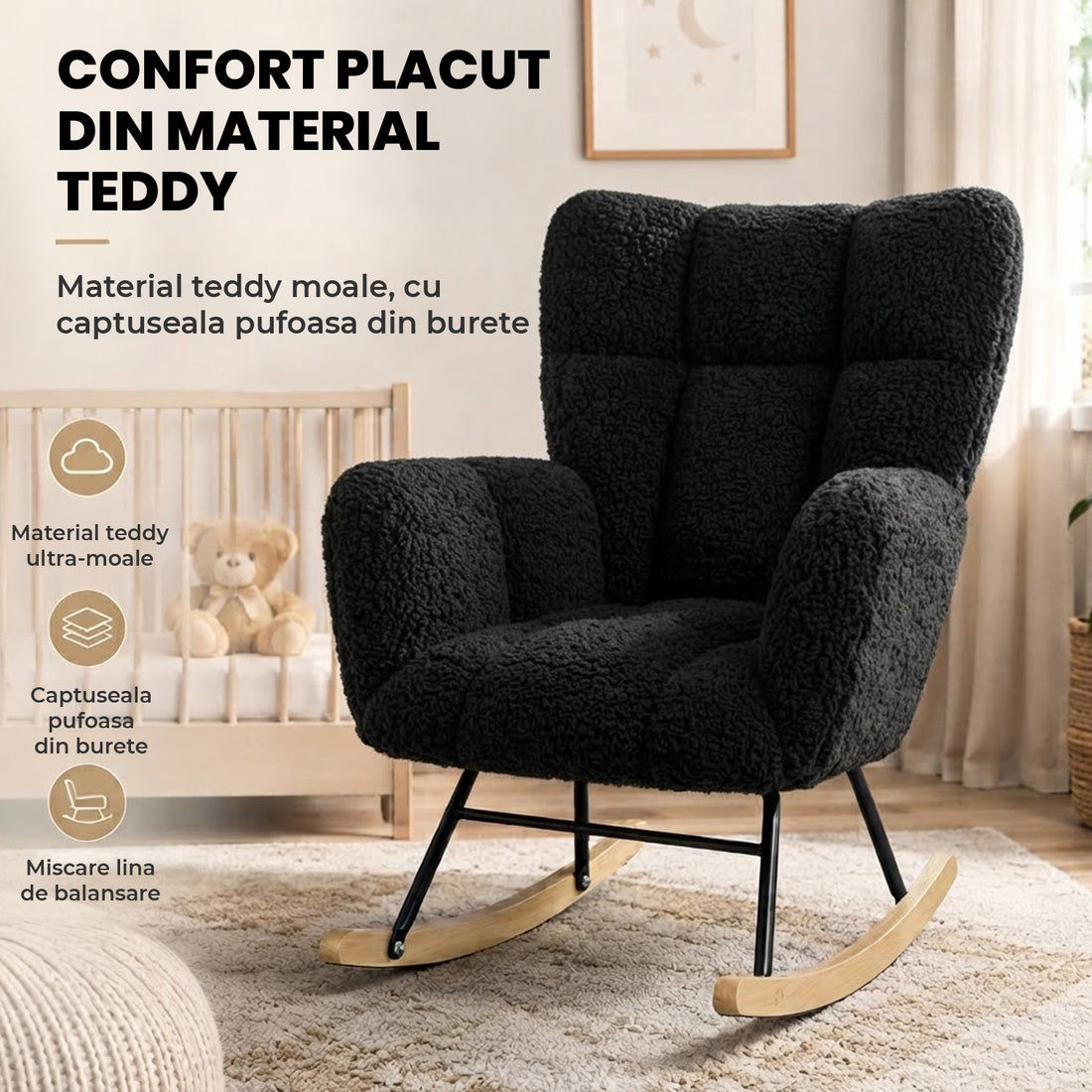 Fotoliu Balansoar Elindor® cu Spatar, Ergonomic, Cadru Solid din Otel, Ideal pentru Living, Dormitor, Camera Copilului, 68 x 88 x 93 cm, Negru