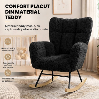 Fotoliu Balansoar Elindor® cu Spatar, Ergonomic, Cadru Solid din Otel, Ideal pentru Living, Dormitor, Camera Copilului, 68 x 88 x 93 cm, Negru