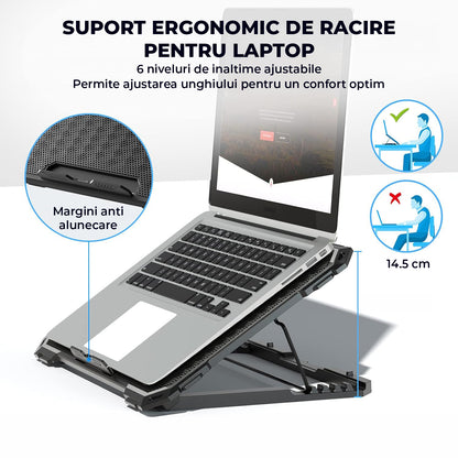 Cooler Laptop Gaming RGB Elindor® Suport cu Unghi Reglabil pe 6 Nivele, Dimensiuni Compatabile 13-15.6 Inch, 6 Ventilatoare Puternice si Silentioase 25dB, Viteza Ajustabila, 2 Porturi USB, pentru Birou, Calatorii, 41.6 x 28.5 x 2.8 cm, Negru