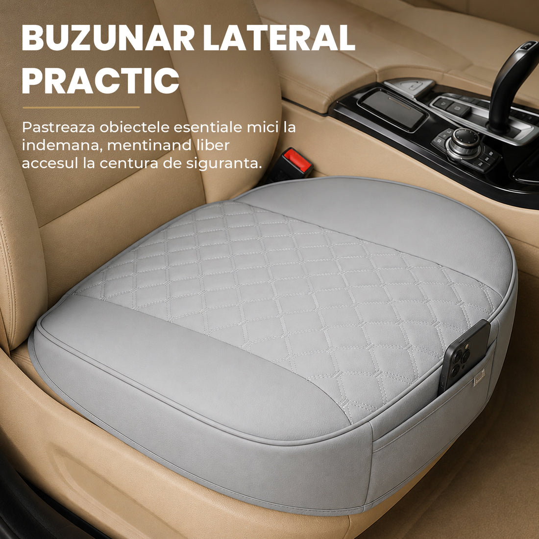 Husă Auto Universală 54 x 53 cm, Piele PU Matlasată, Anti-Alunecare, Design Elegant cu Buzunar de Depozitare, Gri