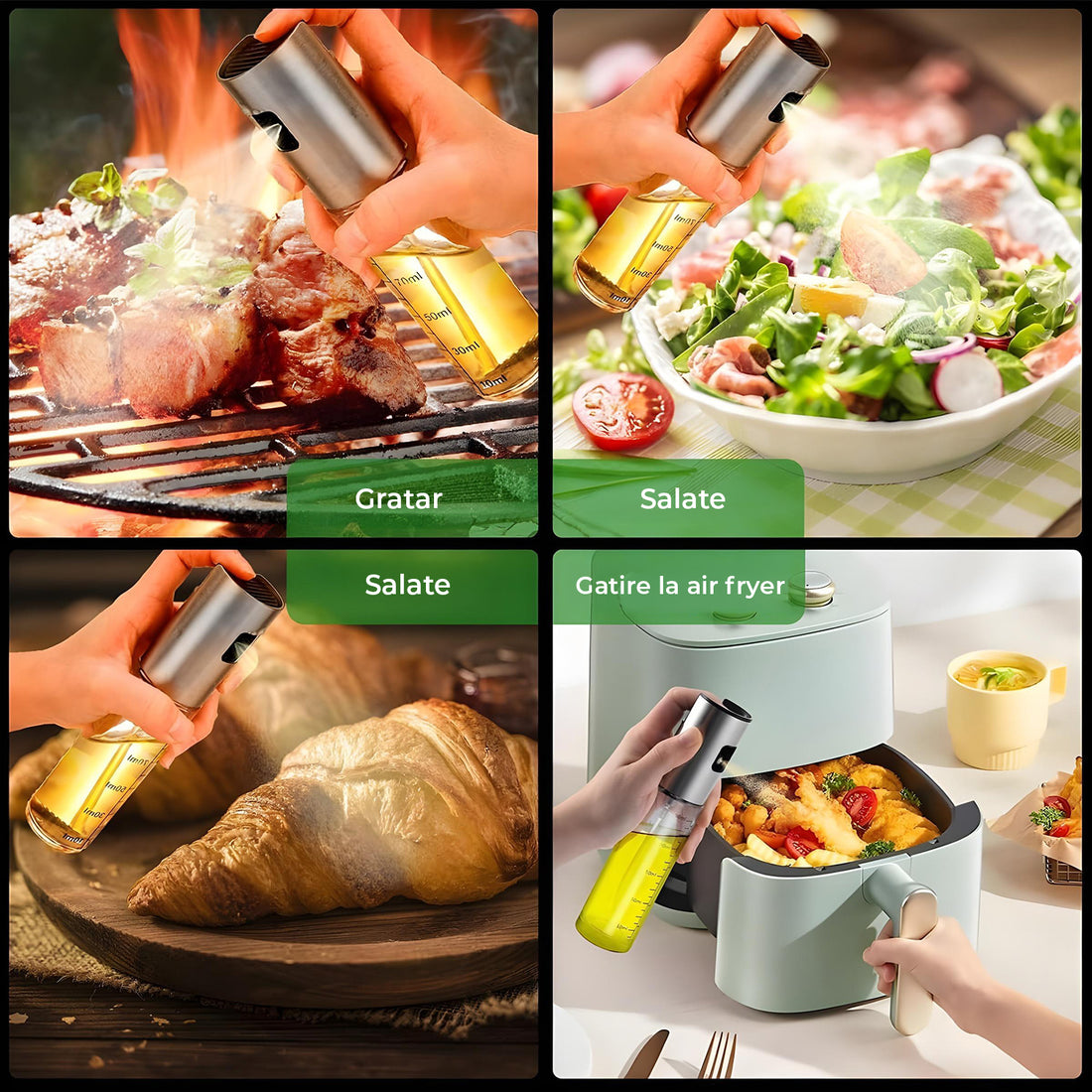 Pulverizator Ulei Elindor®, Oliviera 100ml, Sticla Dozatoare Multifunctionala, Control Precis, pentru Gatit, Friteuza cu Aer, Salate  Material Sticla si PVC, Argintiu