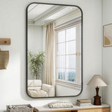 Oglinda Decorativa 122x75 cmElindor® Agatare pe Perete sau Sprijinita, Neagra, Dreptunghiulara, Colturi Rotunjite, Moderna si Eleganta, Reflexie HD, Sticla fara Distorsiuni, Ideala pentru Dormitor, Living, Birou, Dressing, Hol, Baie, Rama Metalica,